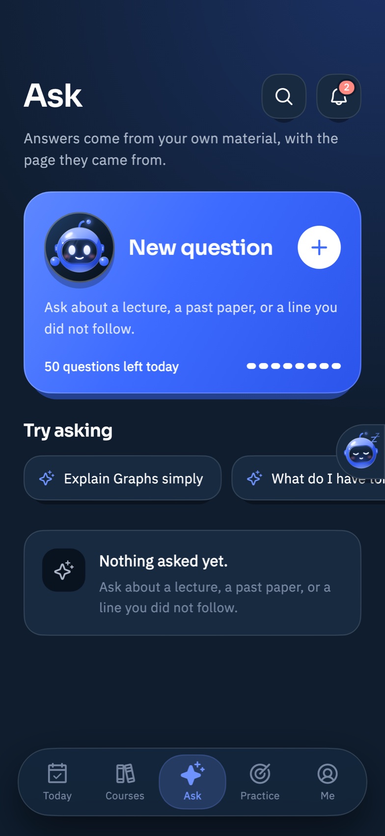 MADA's Ask screen: answers come from your own material, with the page they came from