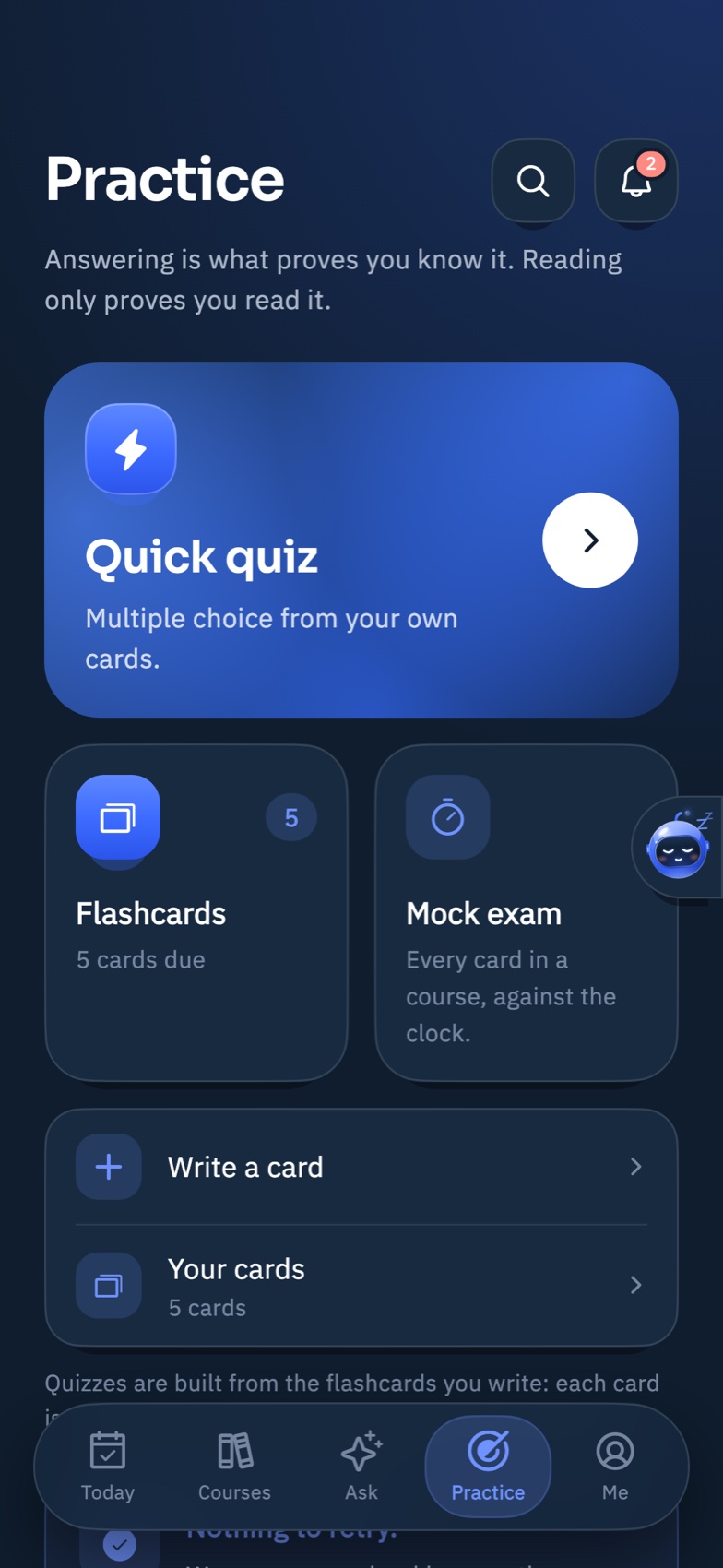 MADA's Practice screen: a quick quiz, flashcards and a mock exam