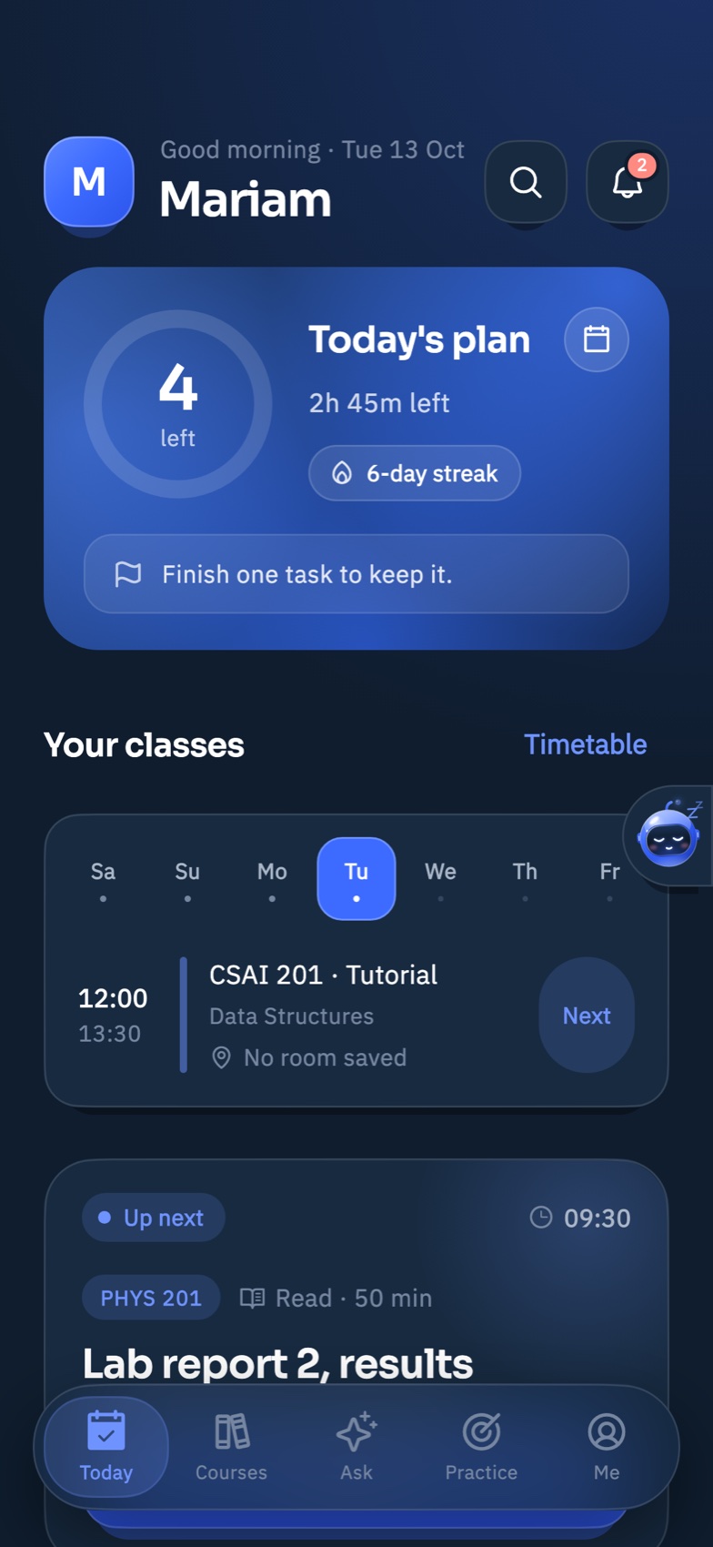 MADA's Today screen: today's study plan, a six-day streak and the day's classes