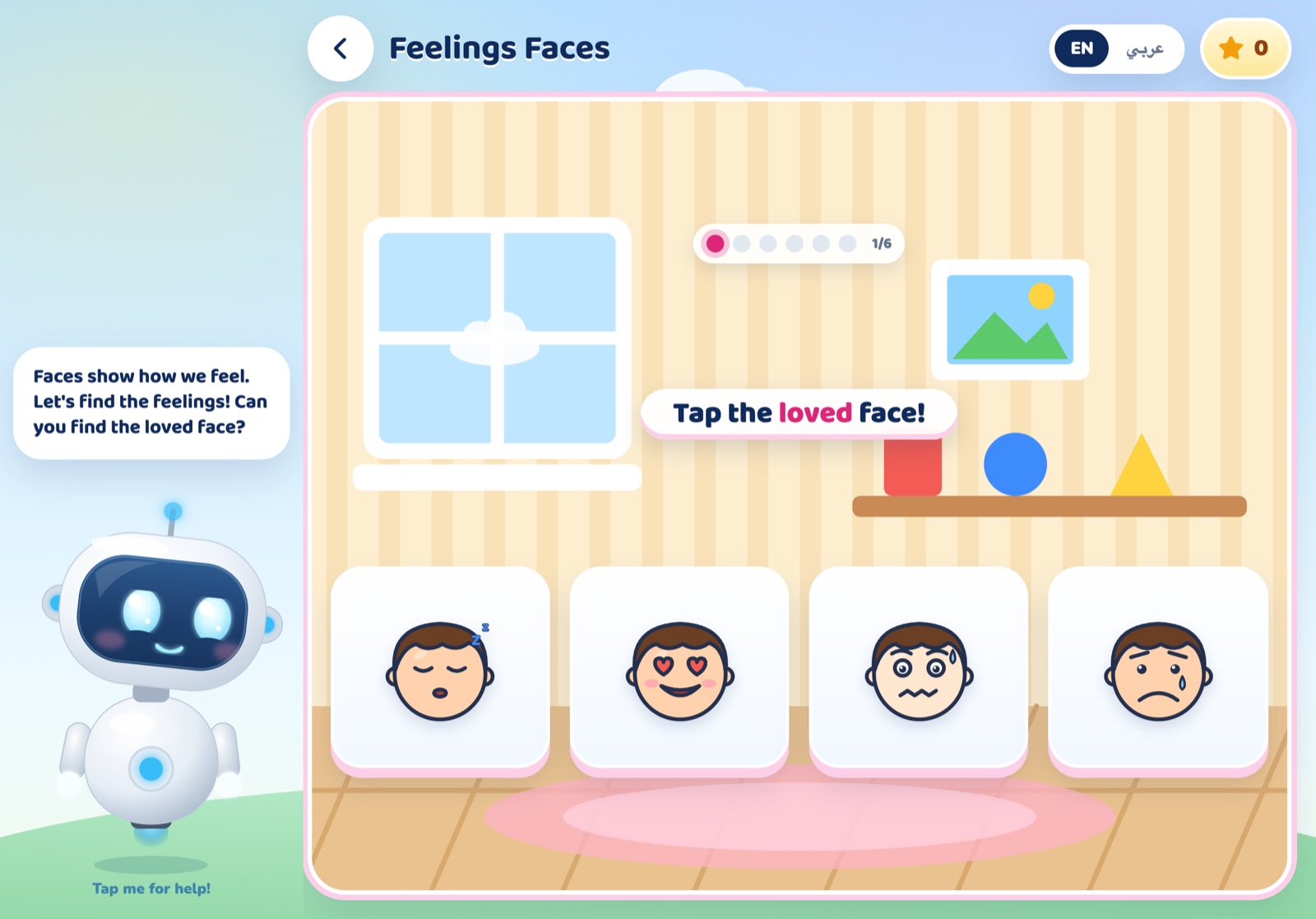 The Feelings Faces game: Swaya asks the child to tap the face that feels loved